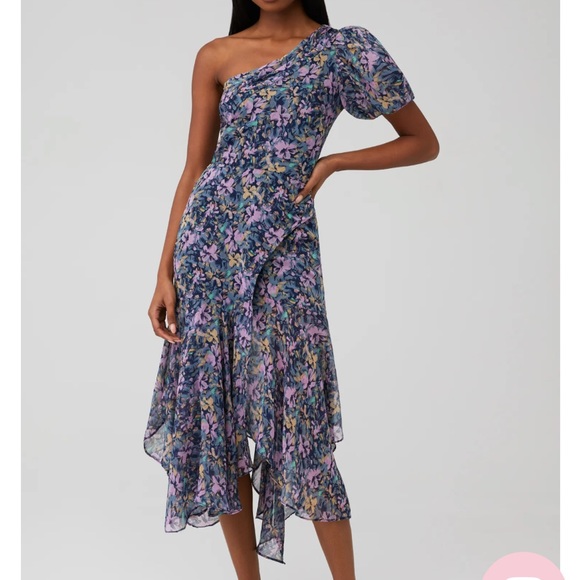 Santorini Floral One Shoulder Midi Dress - NAVY-LILAC FLORAL / M - Picture 1 of 2